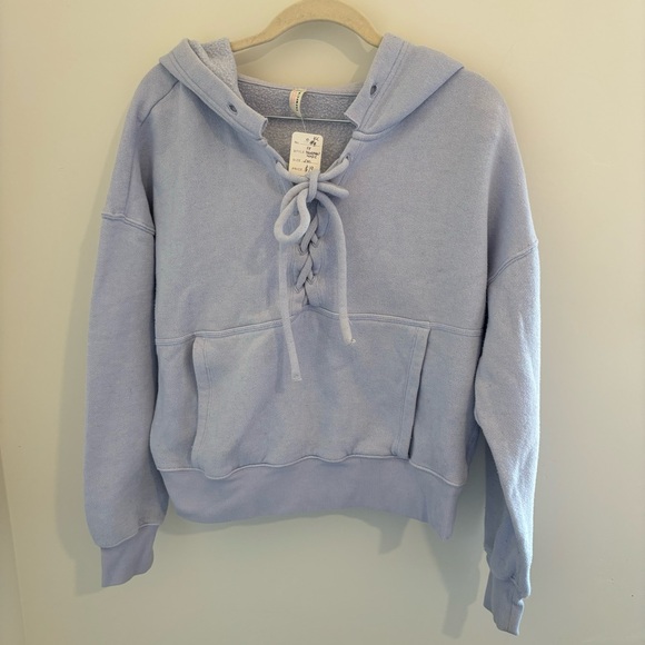 Free People Movement Believe It Hooded Lace Up Pullover Sweatshirt Blue - Picture 2 of 7